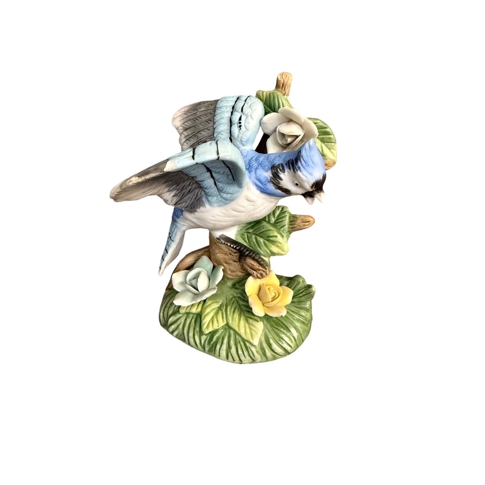 Vintage Blue Jay Porcelain Figurine Bird on Branch with Roses 5.25 Inch